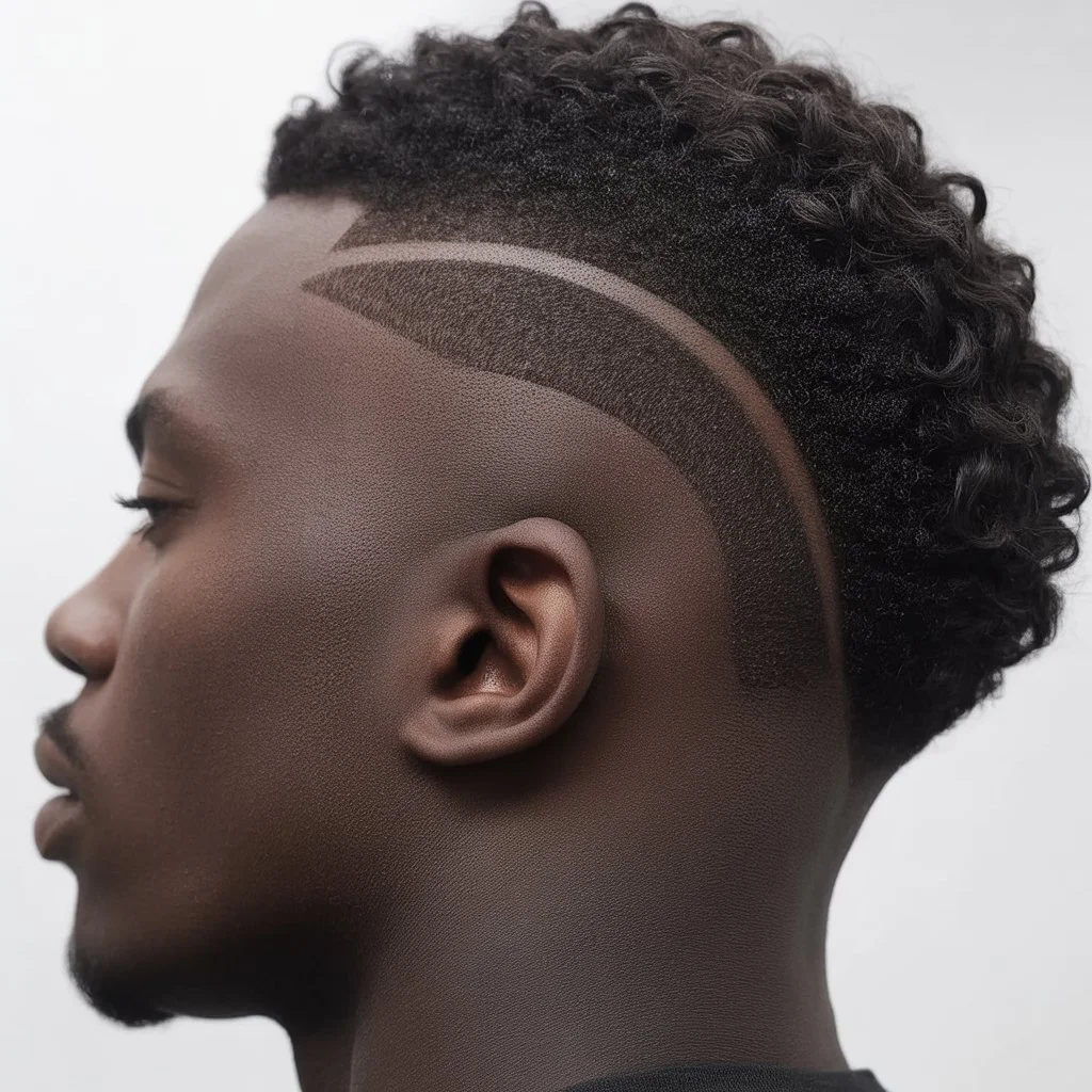 coily burst fade faux-hawk with natural curls and intricate burst arc line