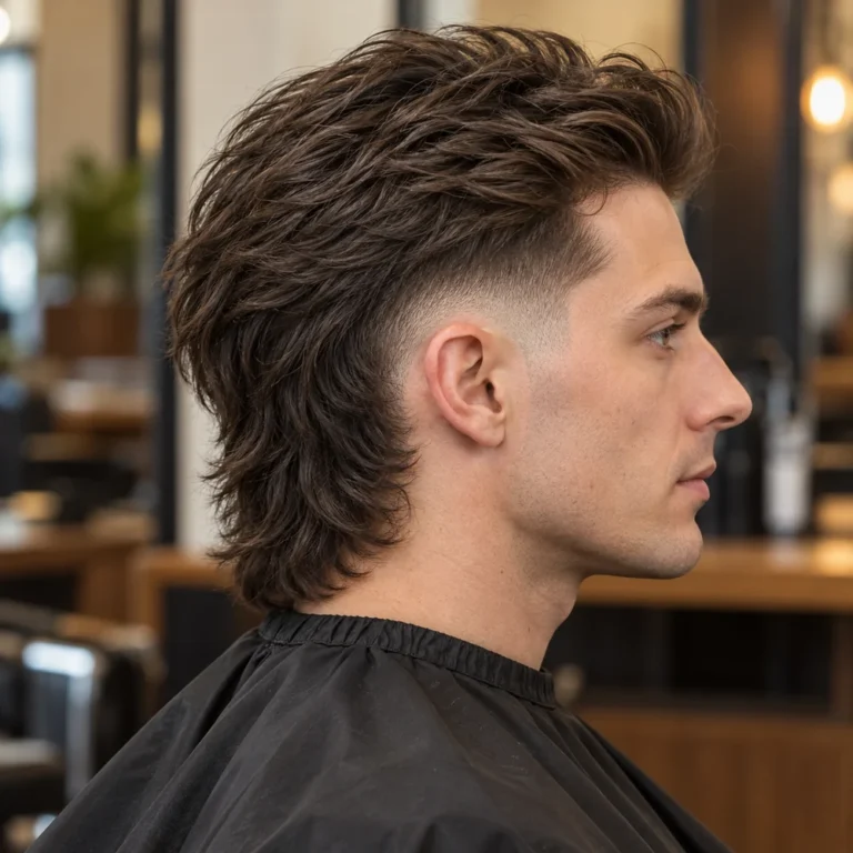 Straight burst fade mullet in side profile, with a swept top and medium-length back
