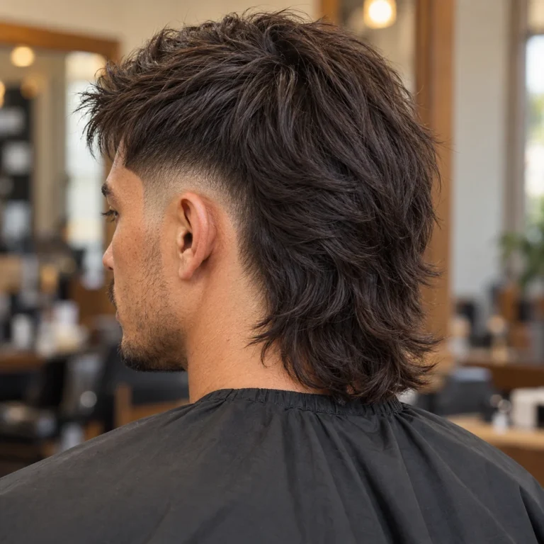 Rear three-quarter view of a long straight burst fade mullet, showing layered nape length and an ear-centered fade