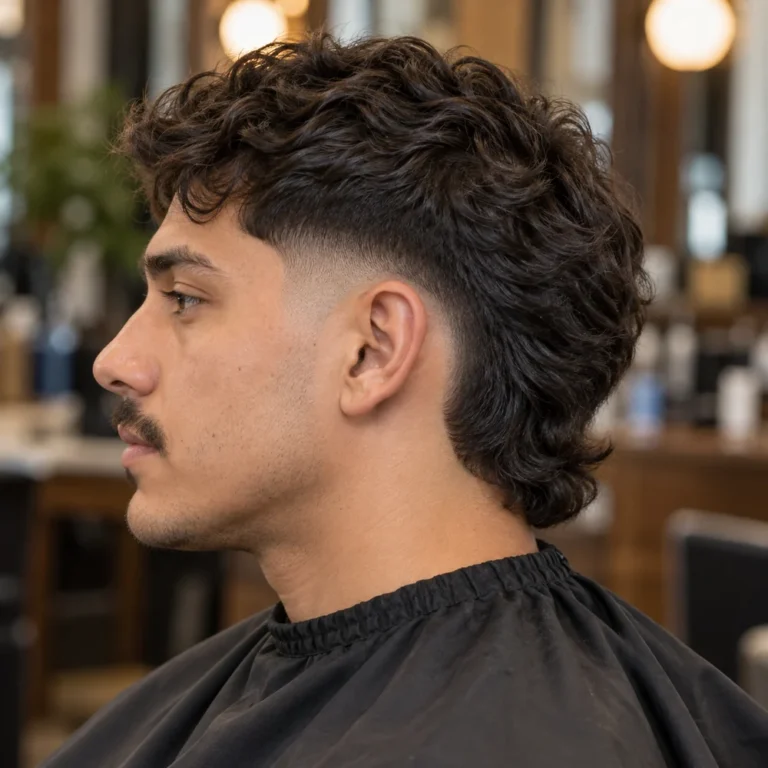 Short wavy burst fade mullet in side profile, showing loose waves, a rounded ear fade and a compact tail