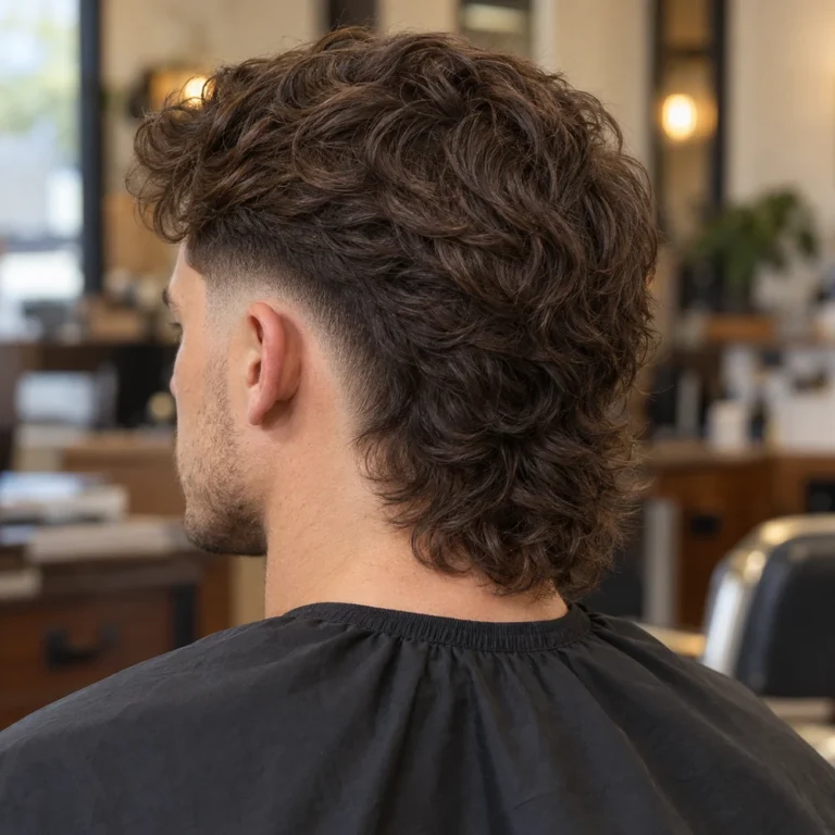 Rear three-quarter view of a medium wavy burst fade mullet with a full wavy back and compact ear fade