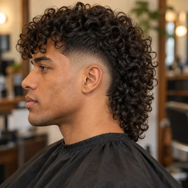 Curly burst fade mullet in side profile, with loose ringlets, a compact ear fade and longer nape curls