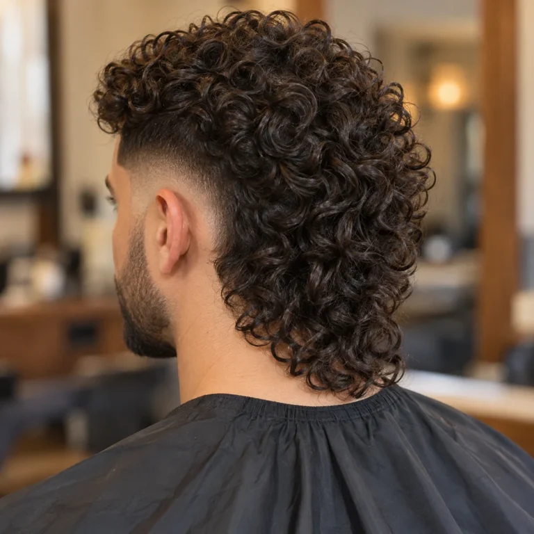 Rear three-quarter view of a curly burst fade mullet, showing retained curly back length beside the ear fade