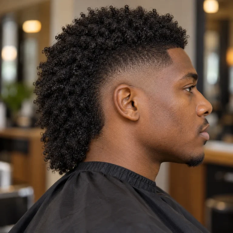 Coily burst fade mullet in side profile, with tight coils, a rounded ear fade and an elongated back