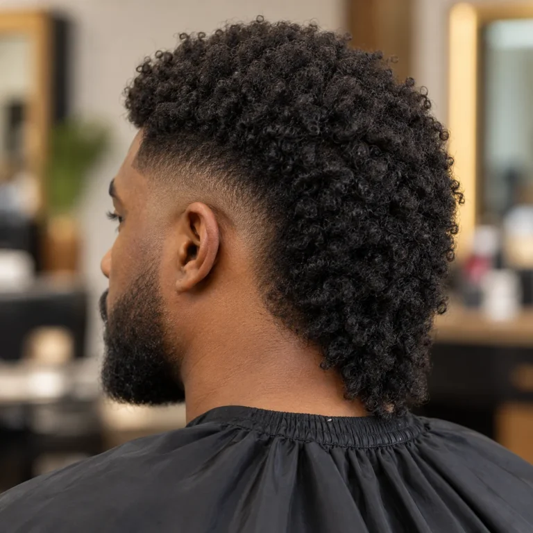 Rear three-quarter view of a coily burst fade mullet, with dense crown and nape coils beside a compact ear arc