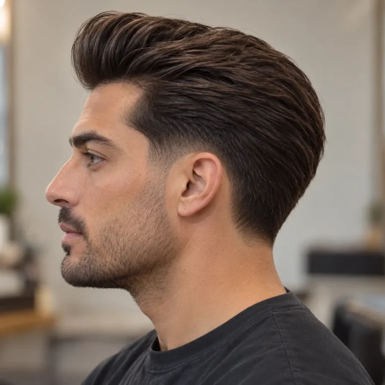 Side profile of a polished mid taper pompadour with lifted front, backward sweep and retained dark sides