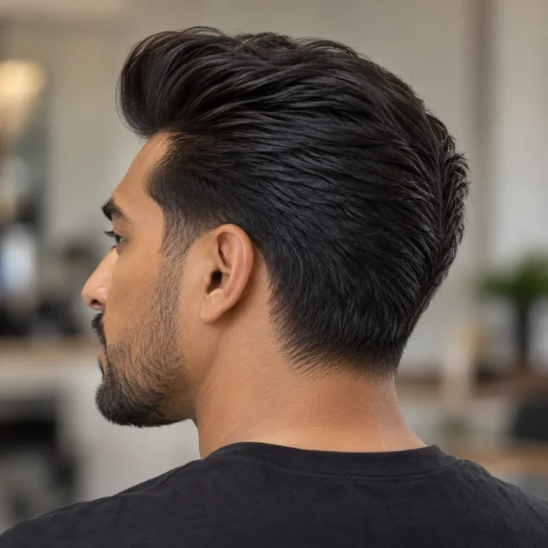 Rear three-quarter view of a polished pompadour with connected dark back and a localized neckline taper