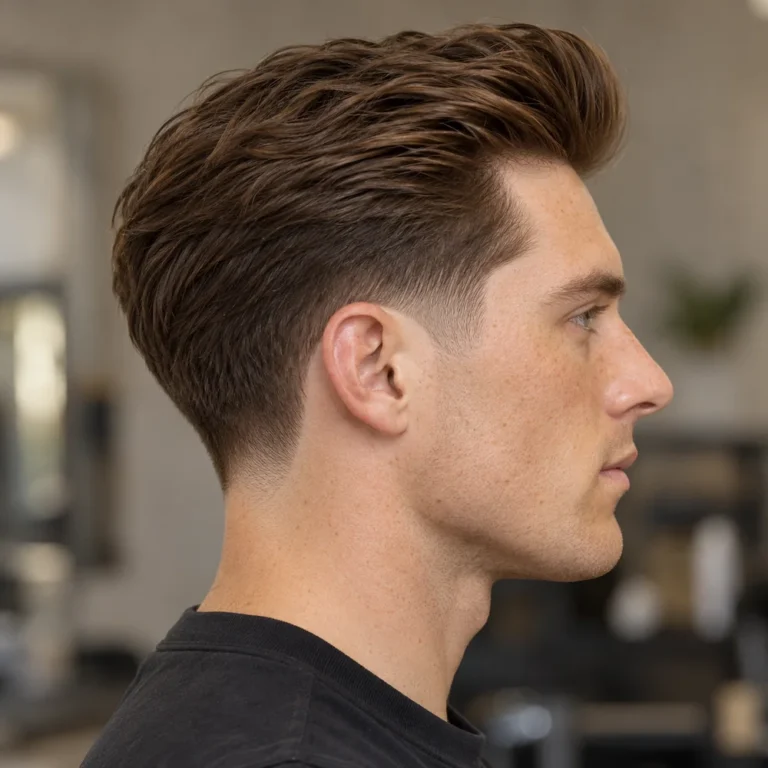 Compact mid taper pompadour in side profile with controlled front lift and connected sides