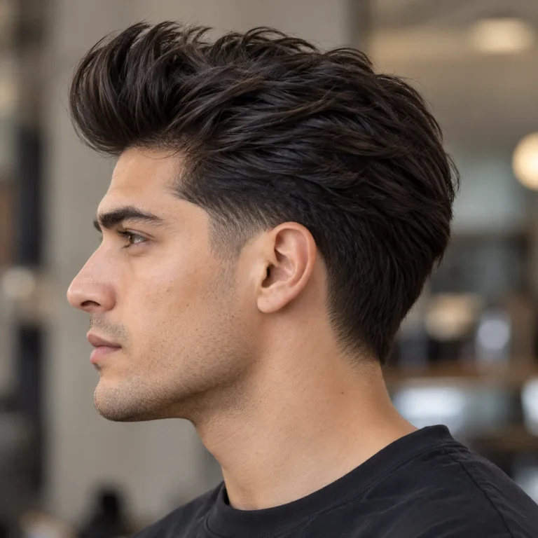 Matte textured pompadour in side profile with separated strands and darker upper sides