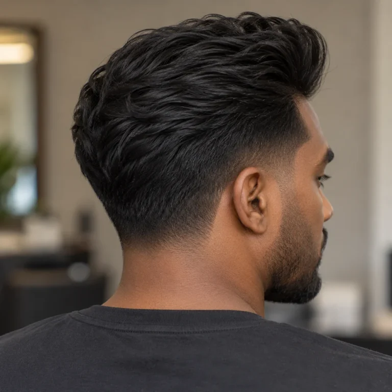 Rear angle of a thick-haired matte pompadour with retained back weight and short nape taper