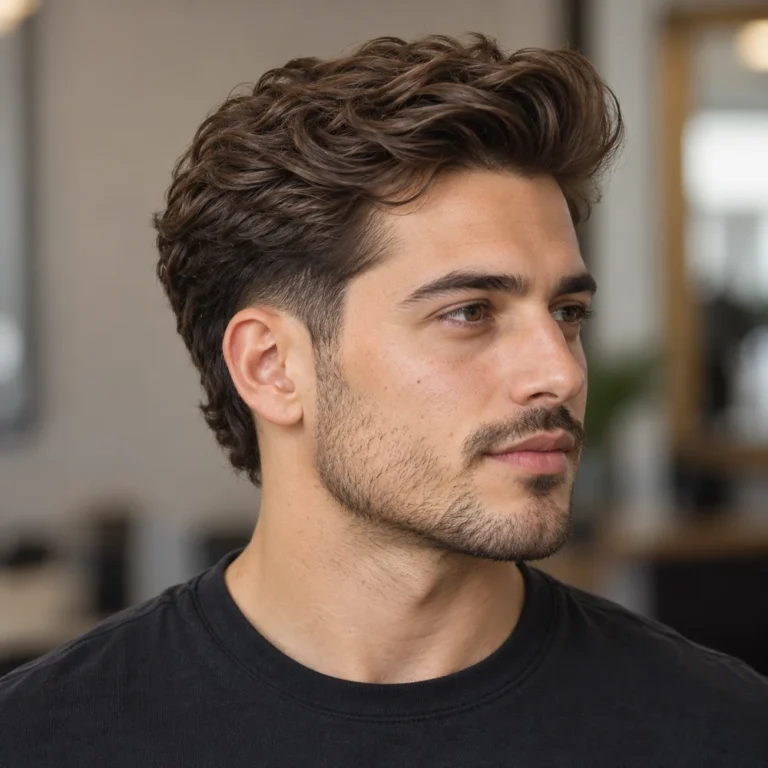 Front three-quarter view of a wavy pompadour with a lifted front and localized temple taper
