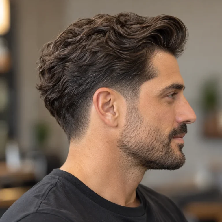 Side view of a wavy mid taper pompadour with a raised front and dark connected sides