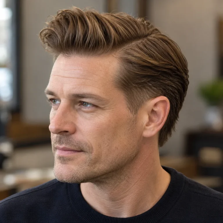 Side-parted compact pompadour with an unshaved part and a localized temple taper