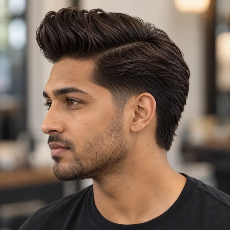 Polished pompadour with a defined combed part, connected sides and temple taper