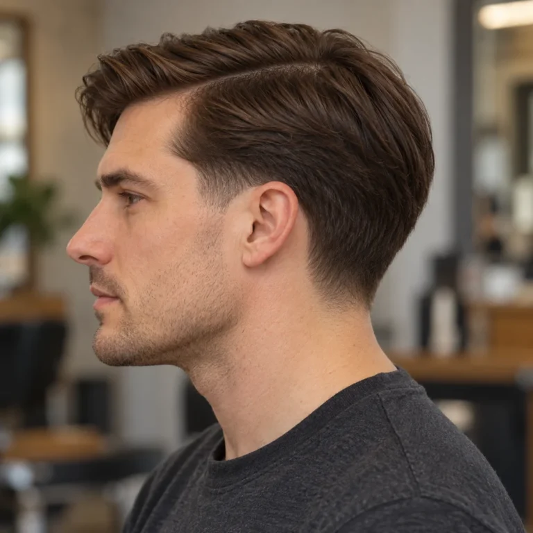 Left side profile of straight chestnut hair with a natural side part and short temple taper