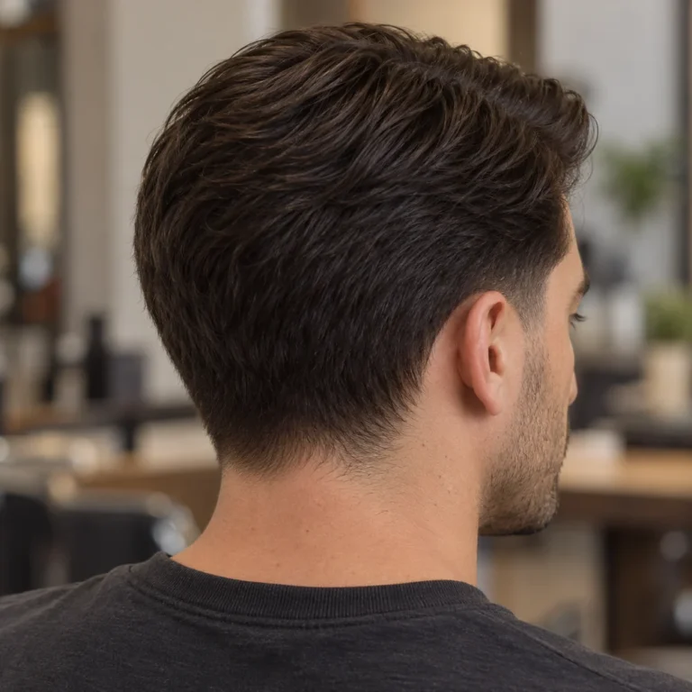 Rear-right view of a straight side-part haircut with directional crown hair and a softly tapered neckline