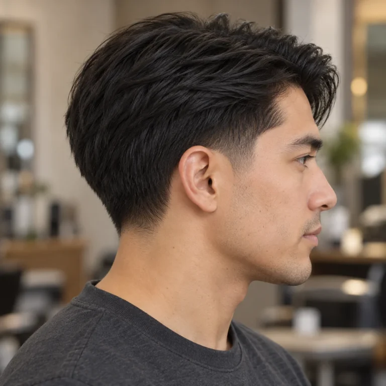 Right side profile of a straight comb-over with light front lift and a localized temple blend