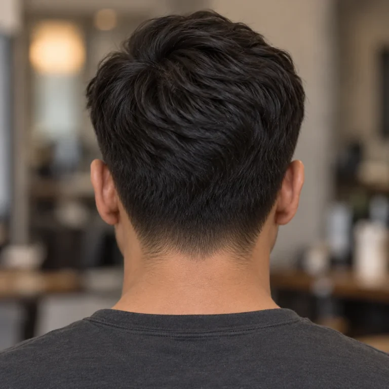 Rear view of a straight comb-over with retained upper-back weight and a short soft nape transition