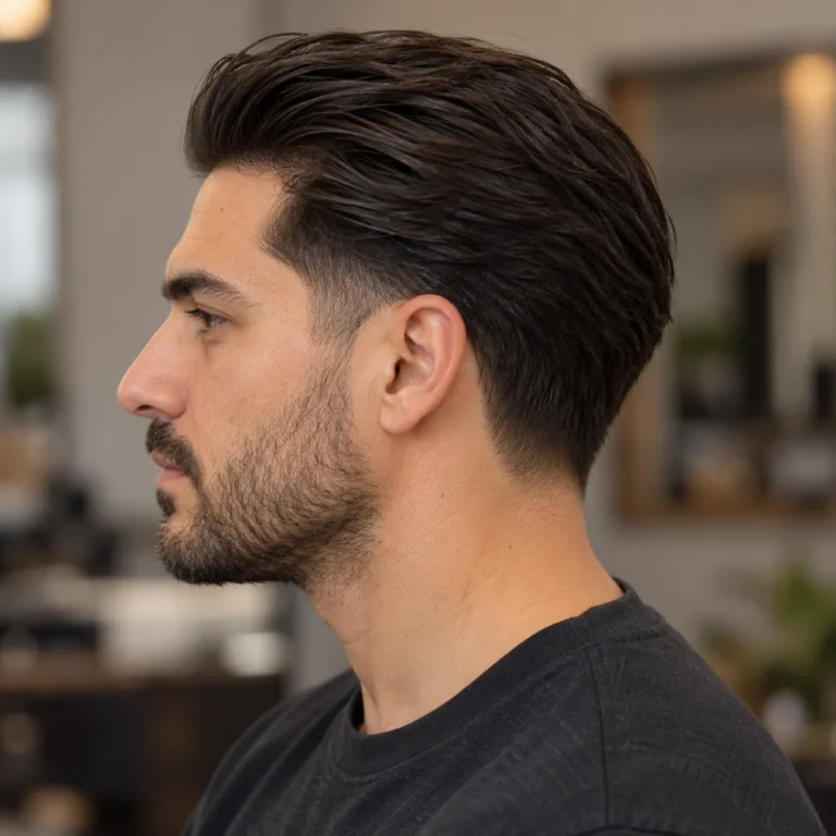 Left side view of straight hair slicked away from the face with a smooth finish and localized temple taper
