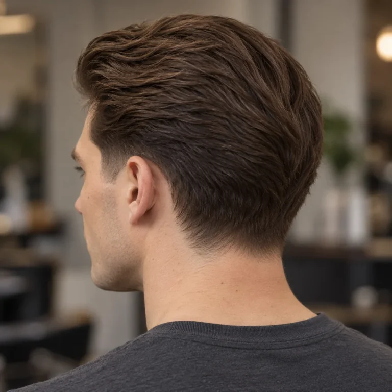 Rear-left view of straight slicked-back hair connecting into fuller back hair and a softly tapered nape