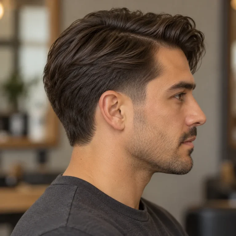 Right side profile of straight hair with a soft natural side part and short temple blend