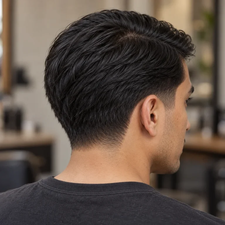 Rear-right view of a straight side-part haircut showing the soft nape transition and retained hair behind the ear