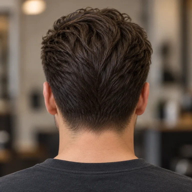 Rear view of straight swept-back hair with visible strand direction and a soft neckline taper