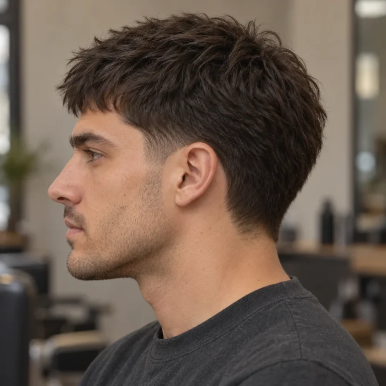 Left side profile of dense textured fringe with a short temple taper and retained dark hair behind the ear