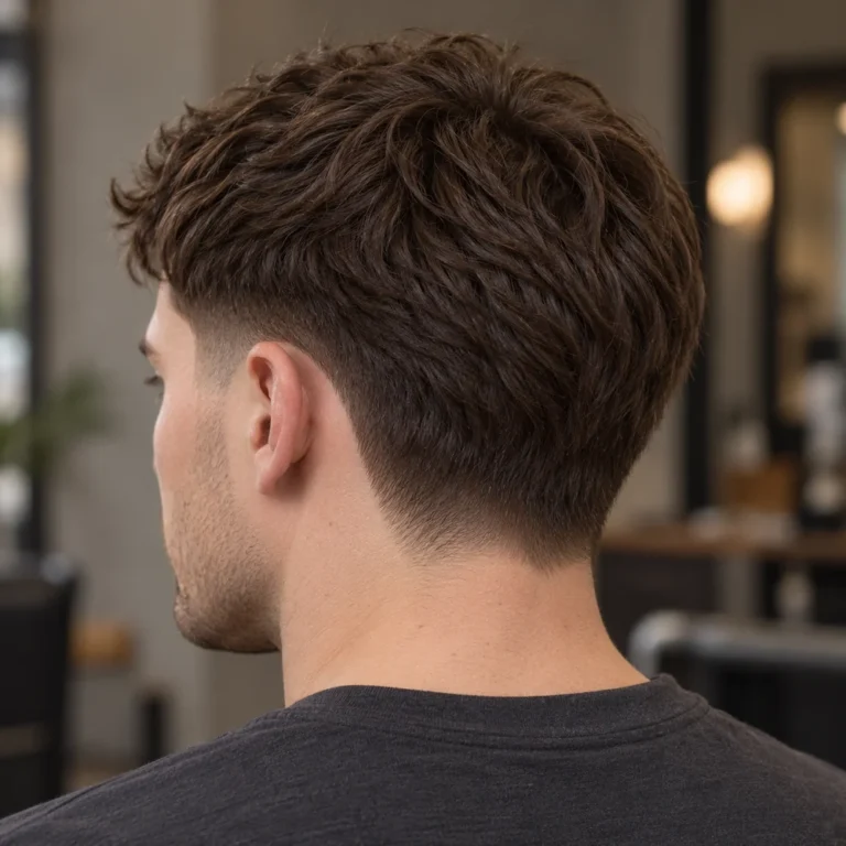 Rear-left view of dense textured hair with a softly graduated neckline and retained hair behind the ear