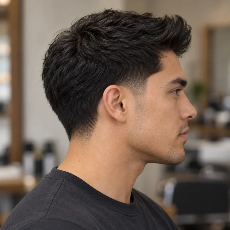 Right side profile of a thick short quiff with a localized temple blend and a full connected back