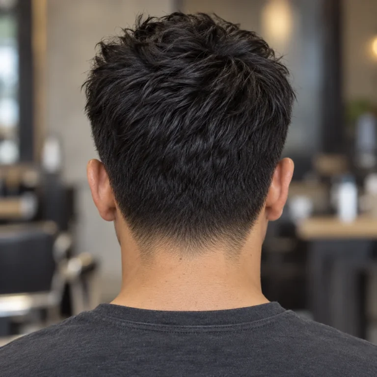Rear view of a short dense top with full upper-back hair and a softly tapered nape