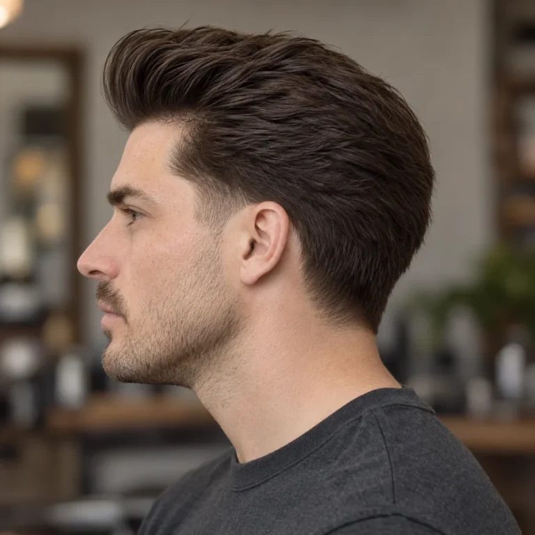 Left side view of a thick swept-back pompadour with a short temple blend and retained back length