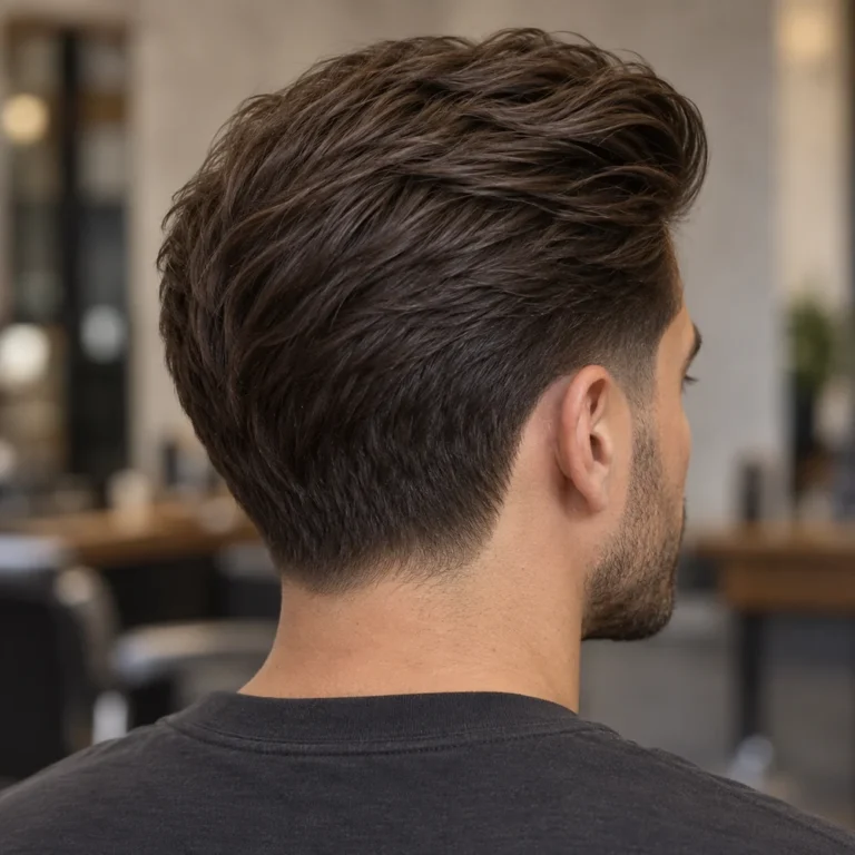 Rear-right view of thick swept-back hair connecting into a soft lower-nape taper