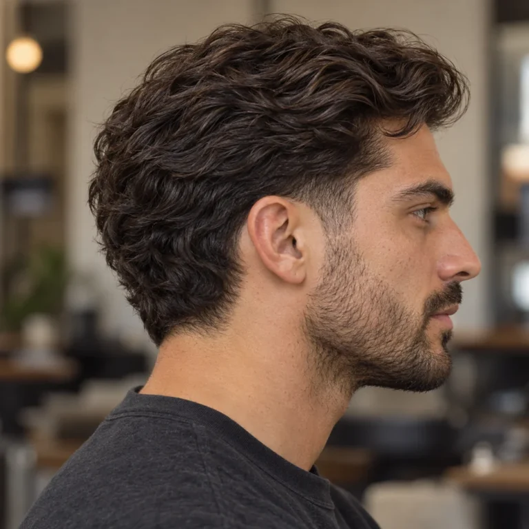 Right side profile of thick wavy hair flowing back over connected sides with a short temple taper