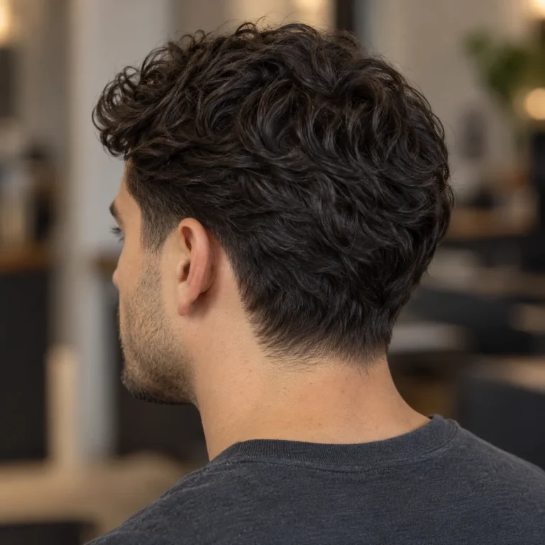 Rear-left view of thick wavy hair with a rounded back shape and softly shortened neckline