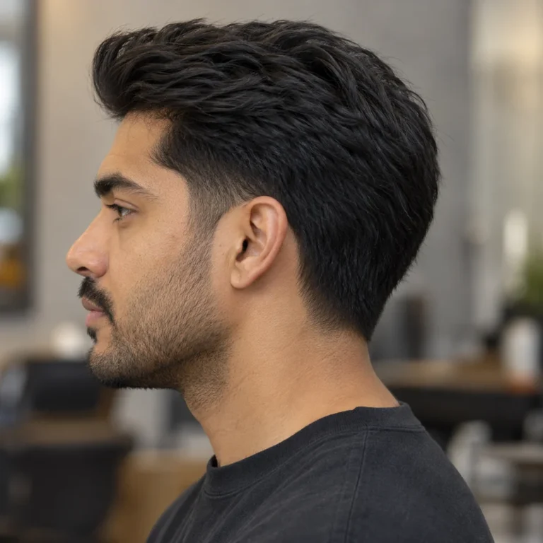 Left side profile of dense brushed-back hair with gentle front lift and a localized temple blend