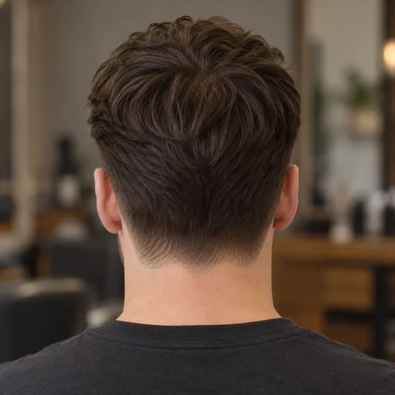 Rear view of dense brushed-back hair with a rounded crown and a soft nape transition