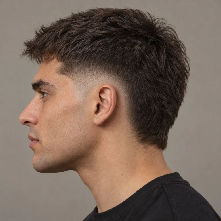 Burst fade side view with a straight textured crop, rounded ear arc and retained nape hair