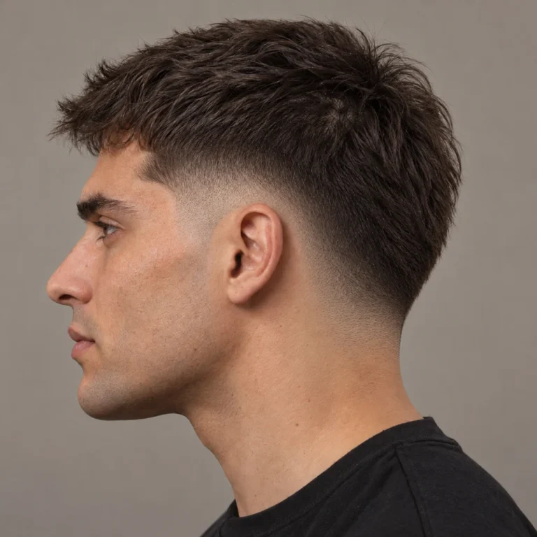 Drop fade side view with a straight textured crop and a continuous blend behind the ear into the nape