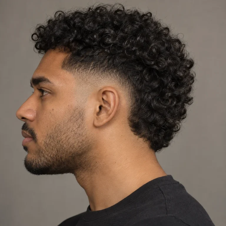 Burst fade with a loose curly top and fuller curls behind the ear and at the nape