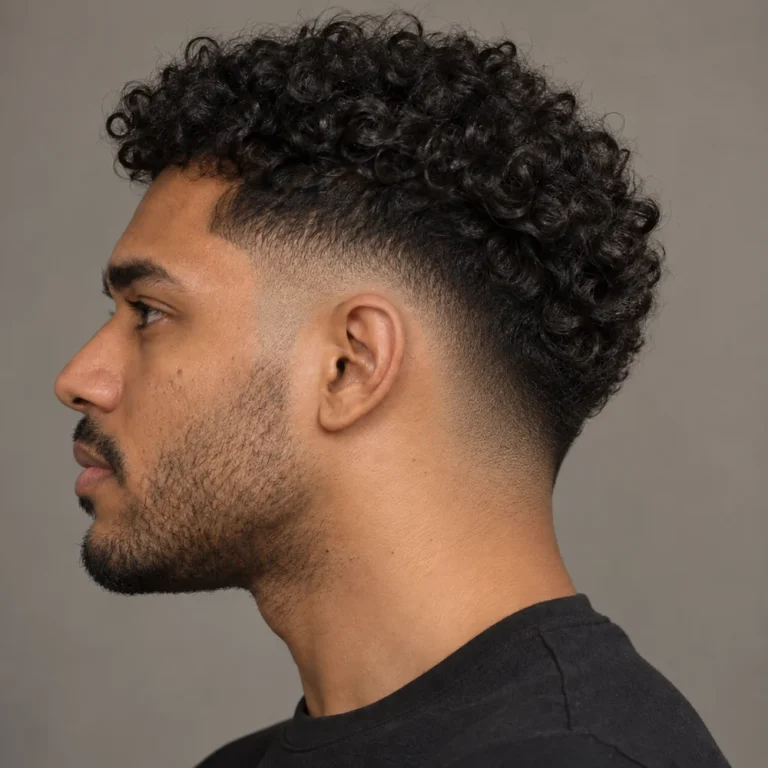 Drop fade with a loose curly top and a continuous curved blend through the lower back
