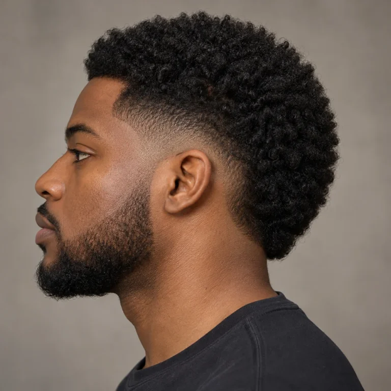 Burst fade with a coily top, rounded ear arc and coily hair retained through the back