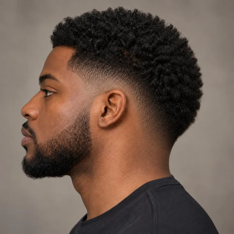 Drop fade with a coily crown and a connected shorter blend behind the ear and through the back