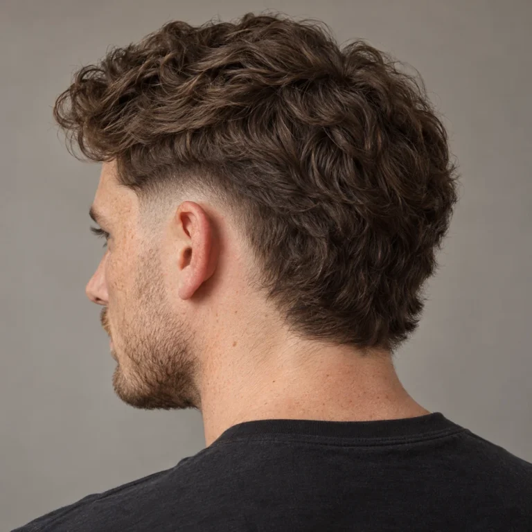 Burst fade rear three-quarter view showing a rounded ear arc and retained wavy back