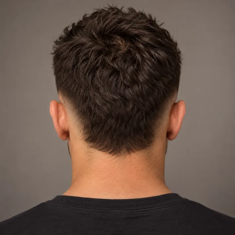 Rear view of a burst fade with darker center-back hair between clipped ear areas