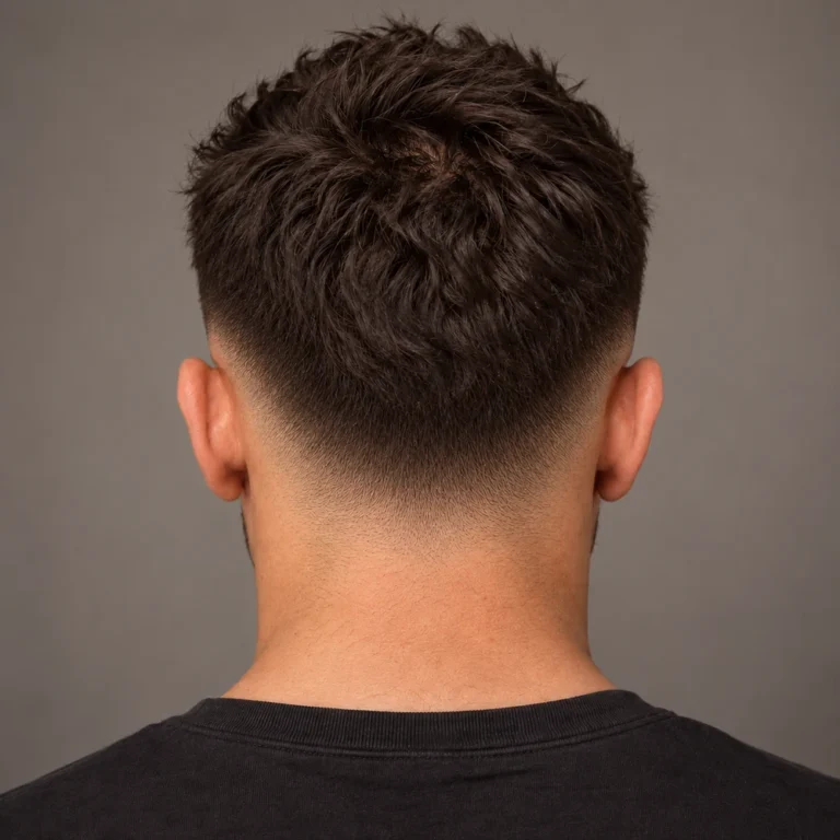 Rear view of a drop fade with a connected curved transition across the lower back