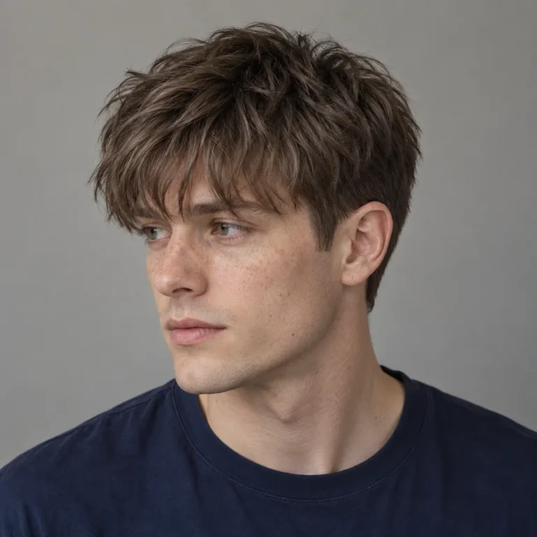 Long piecey textured fringe reaching the eyebrows with connected softly shaped sides