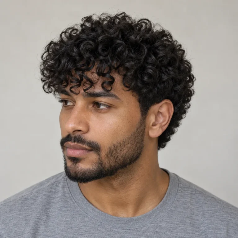 Curly textured fringe with forehead curl groups and a connected rounded top