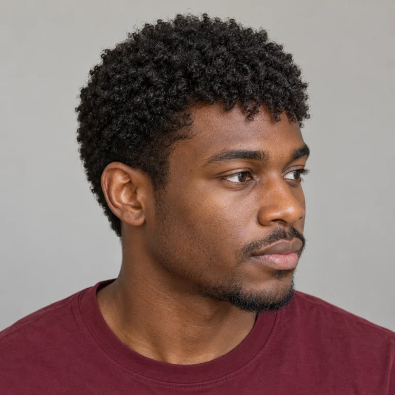 Short coily textured fringe with natural coil groups above the forehead and retained temple hair