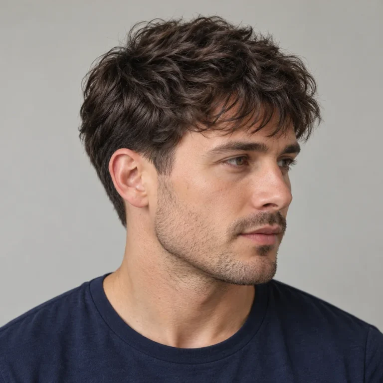 Wavy textured fringe with a soft low sideburn taper and retained hair around the ear